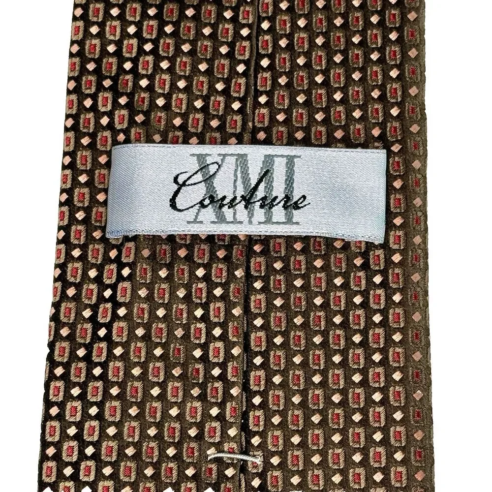 XMI COUTURE Men's Silk Tie Dark Brown Green Red Peach Geometric Texture 59